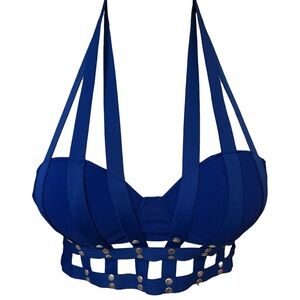 Strappy Blue Cage Bra Crop Top with Silver Studs and Zip Back NWT